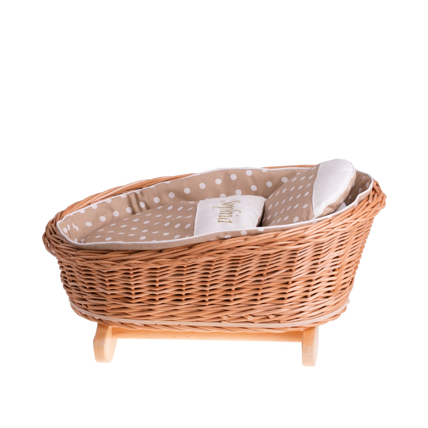 Mimi wiklinowa kołyska dla lalek z personalizacją, beżowym obszyciem, poduszką i kołderką TheWickerStories