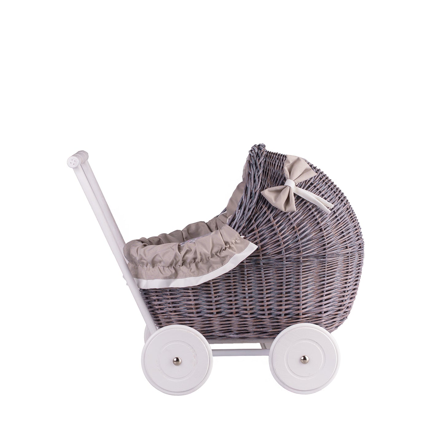 Lili wiklinowy wózek dla lalek z beżowym obszyciem, kołderką i poduszką TheWickerStories