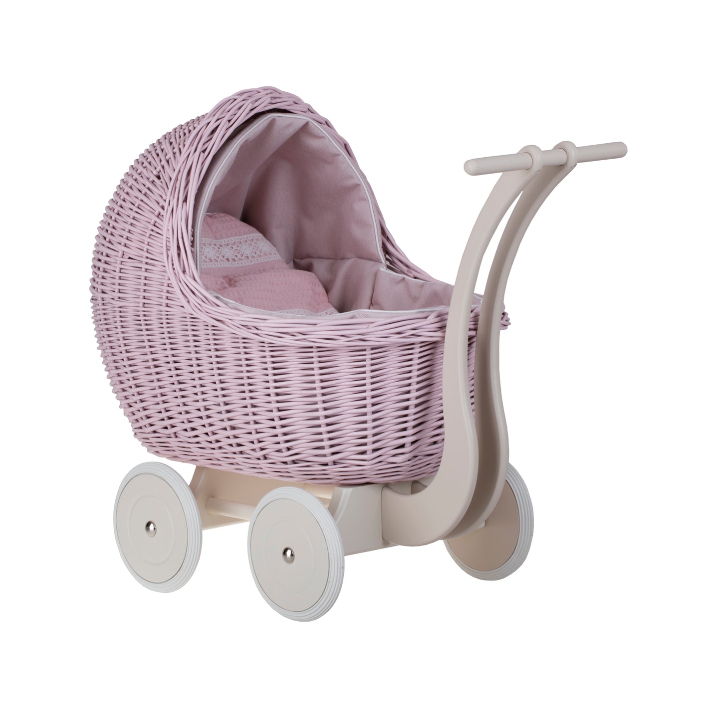 Lili wiklinowy wózek dla lalek z różowym obszyciem, kołderką i poduszką TheWickerStories
