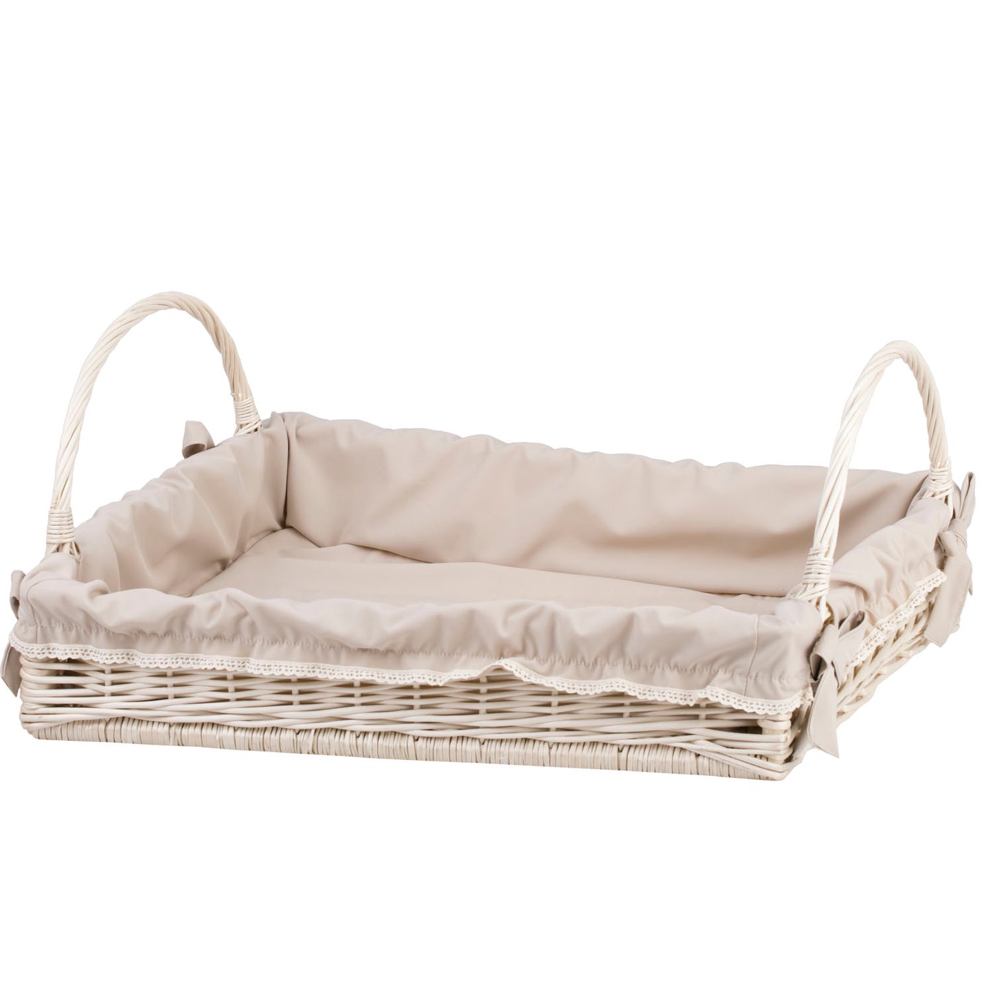 Allium wiklinowy kosz do serwowania z kremowym obszyciem, z uchwytami TheWickerStories