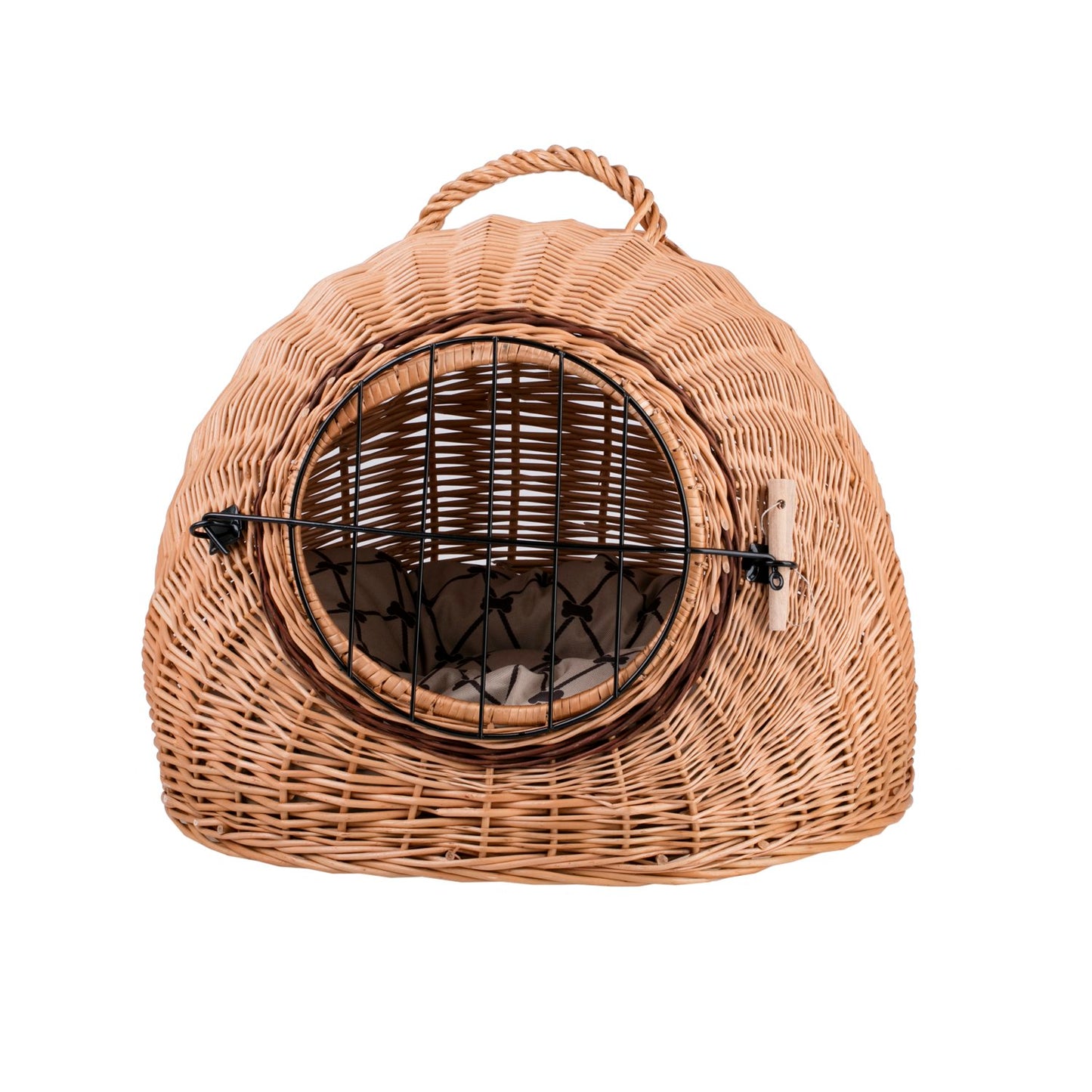 Tactus wiklinowy domek dla kota z poduszką, z uchwytem i metalowymi drzwiczkami TheWickerStories