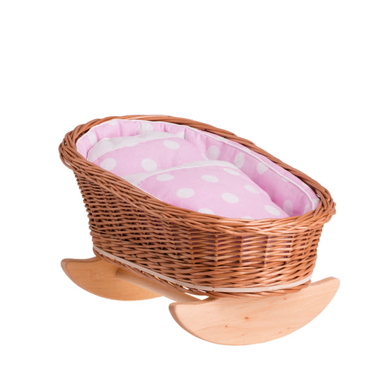 Mimi wiklinowa kołyska dla lalek z różowym obszyciem, poduszką i kołderką TheWickerStories