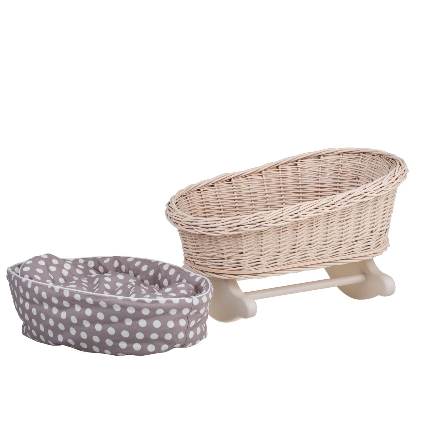 Mimi wiklinowa kołyska dla lalek z brązowym obszyciem, poduszką i kołderką TheWickerStories