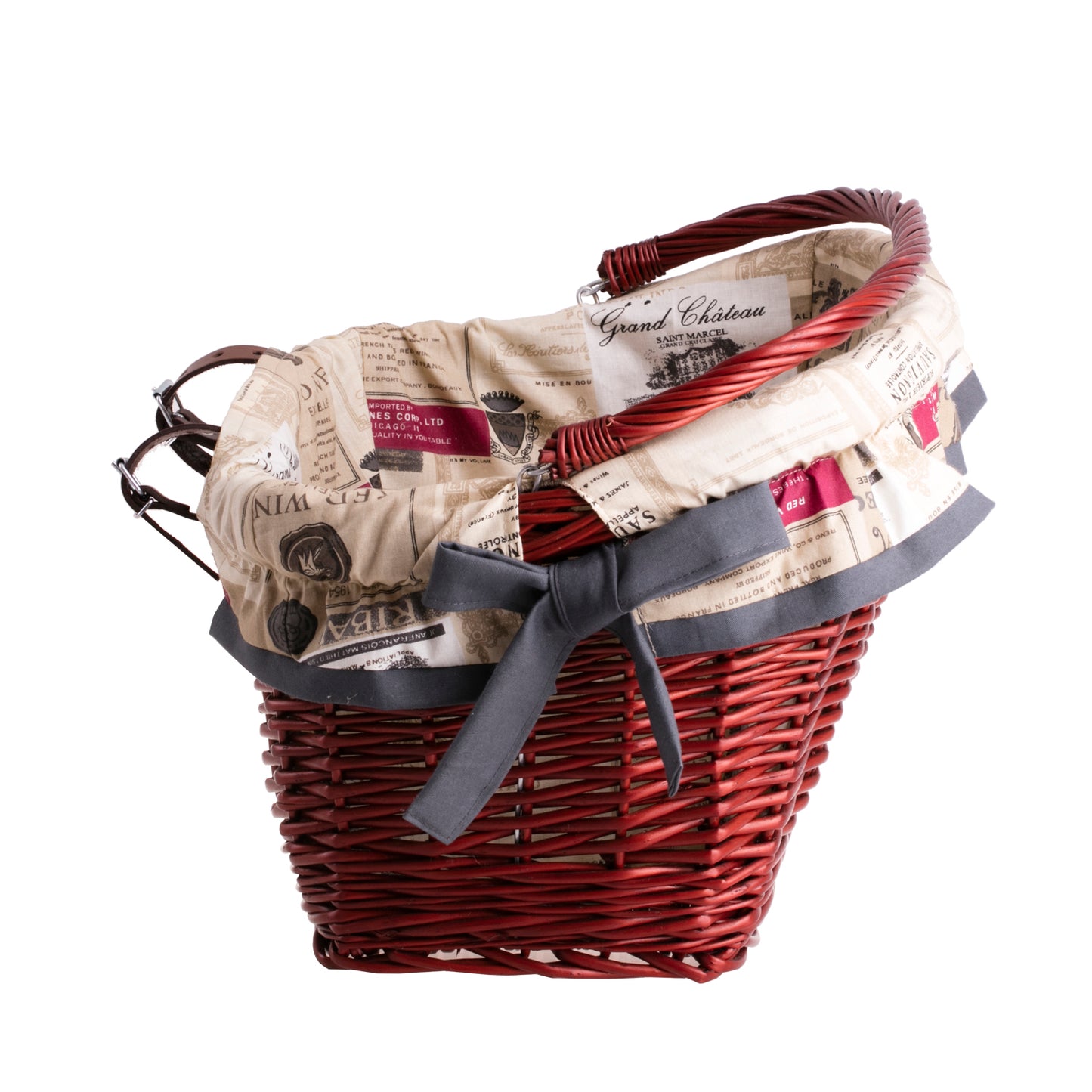 Magnus wiklinowy kosz na rower z kremowym obszyciem, z rączką i skórzanymi paskami TheWickerStories