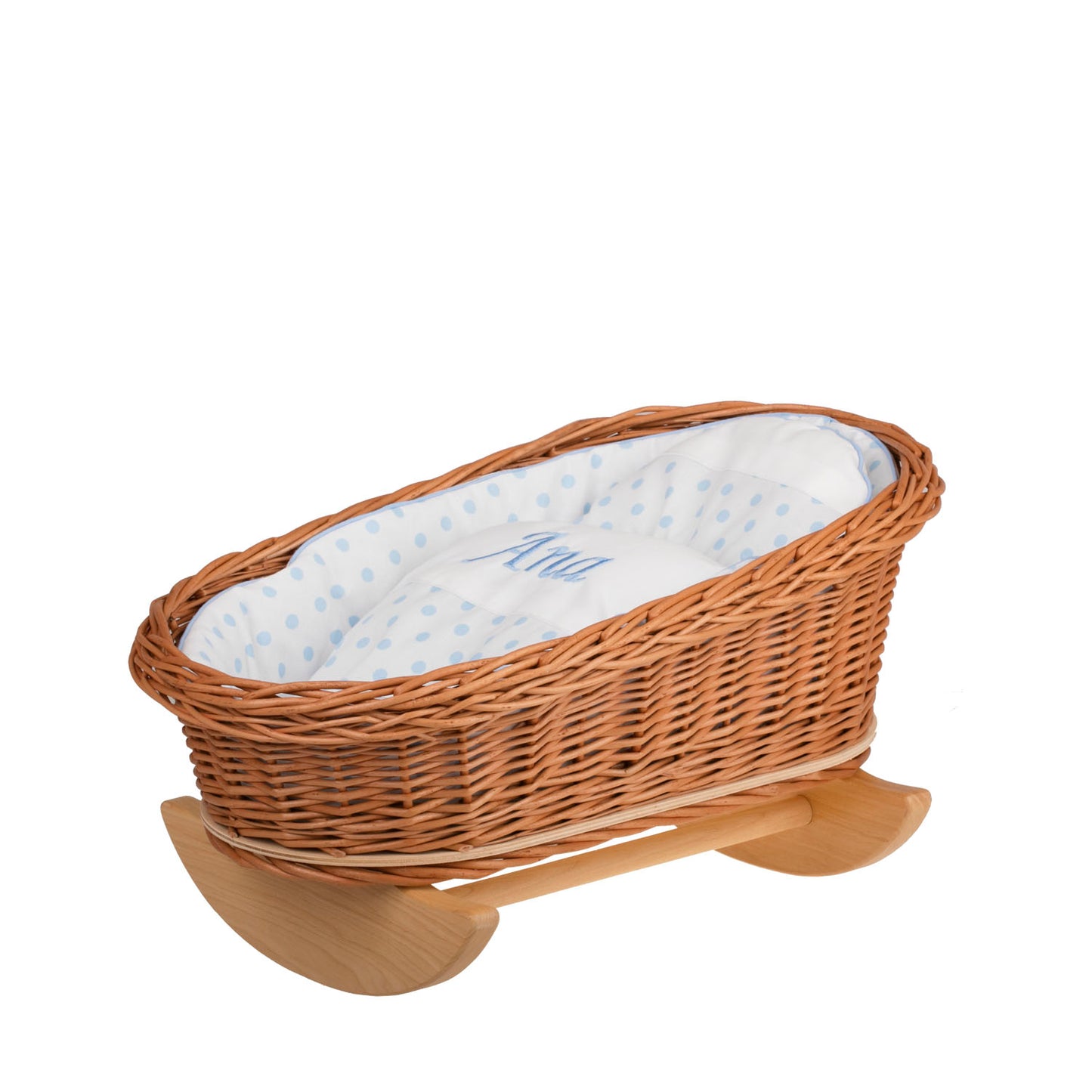 Mimi wiklinowa kołyska dla lalek z personalizacją, niebieskim obszyciem, poduszką i kołderką TheWickerStories