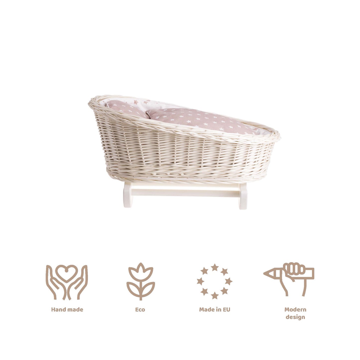 Mimi wiklinowa kołyska dla lalek z białym obszyciem, poduszką i kołderką TheWickerStories