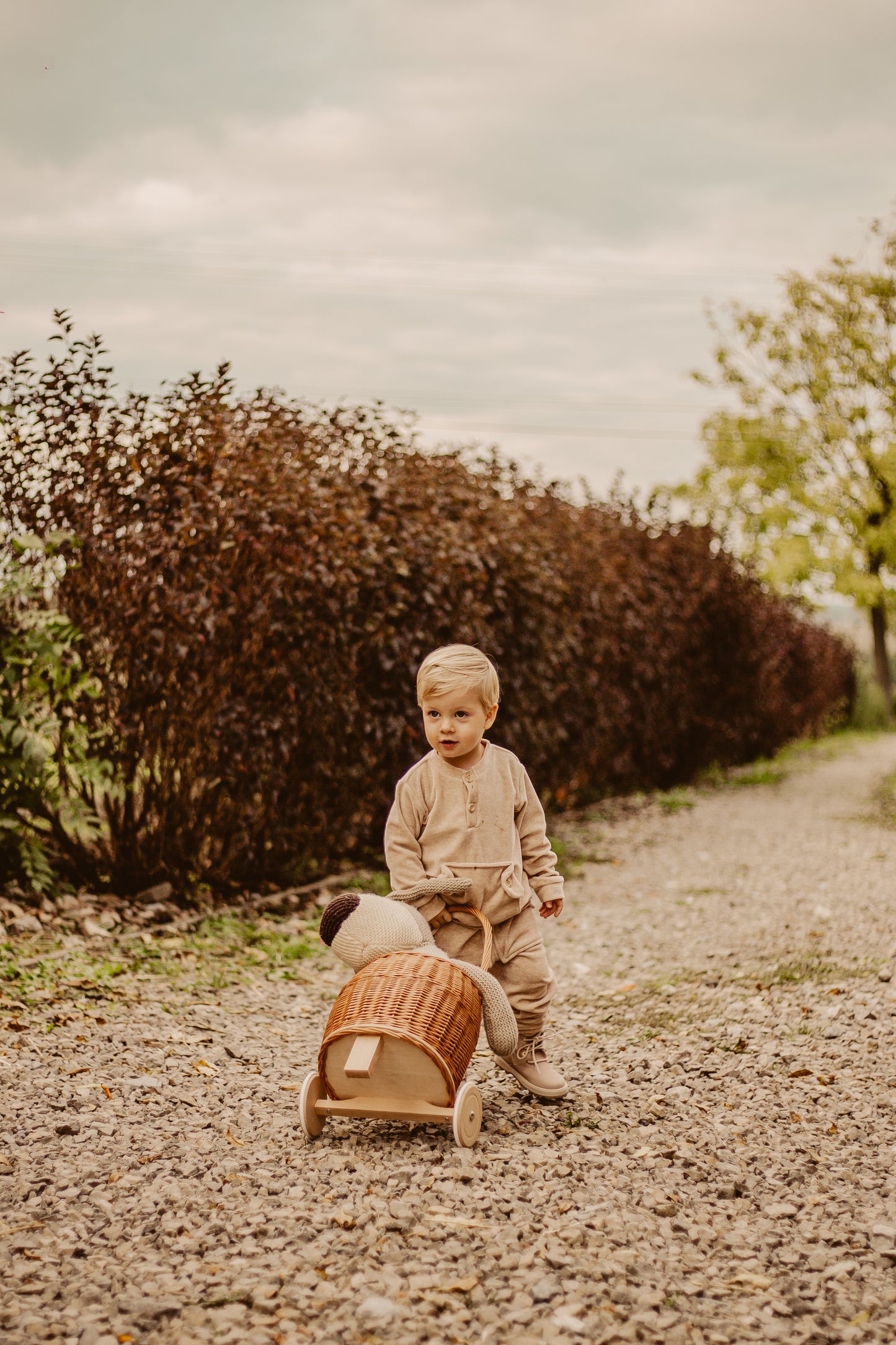 Luke wiklinowy wózek dla dzieci z szarym obszyciem, z rączką i drewnianymi kołami TheWickerStories
