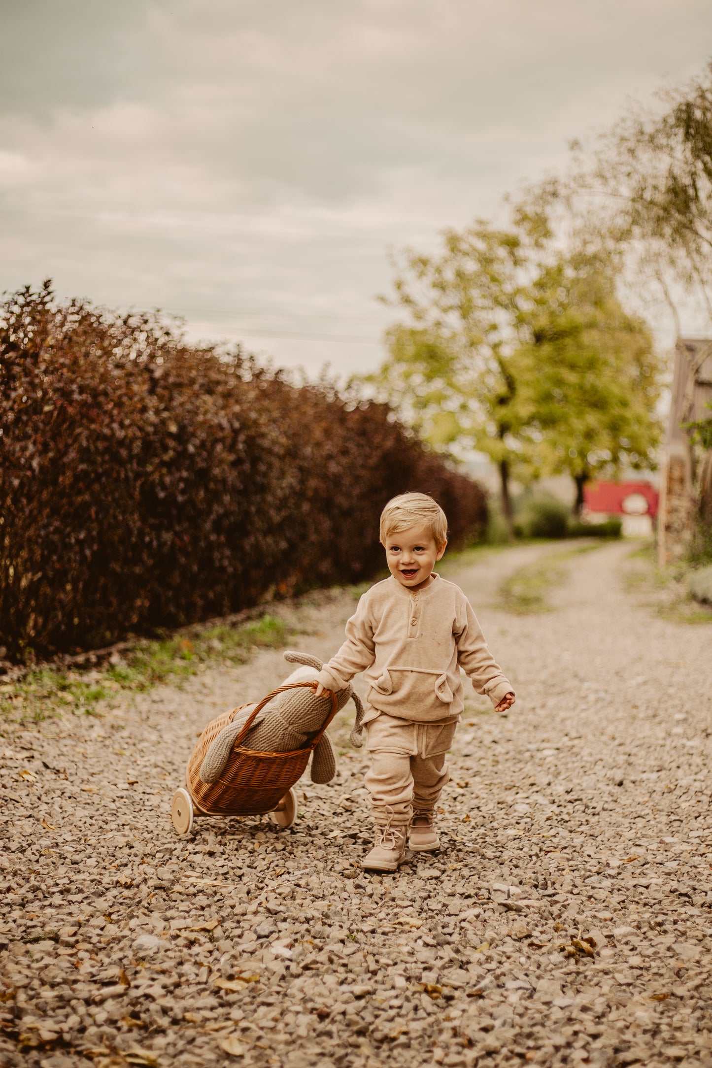 Luke wiklinowy wózek dla dzieci z niebieskim obszyciem, z rączką i drewnianymi kołami TheWickerStories