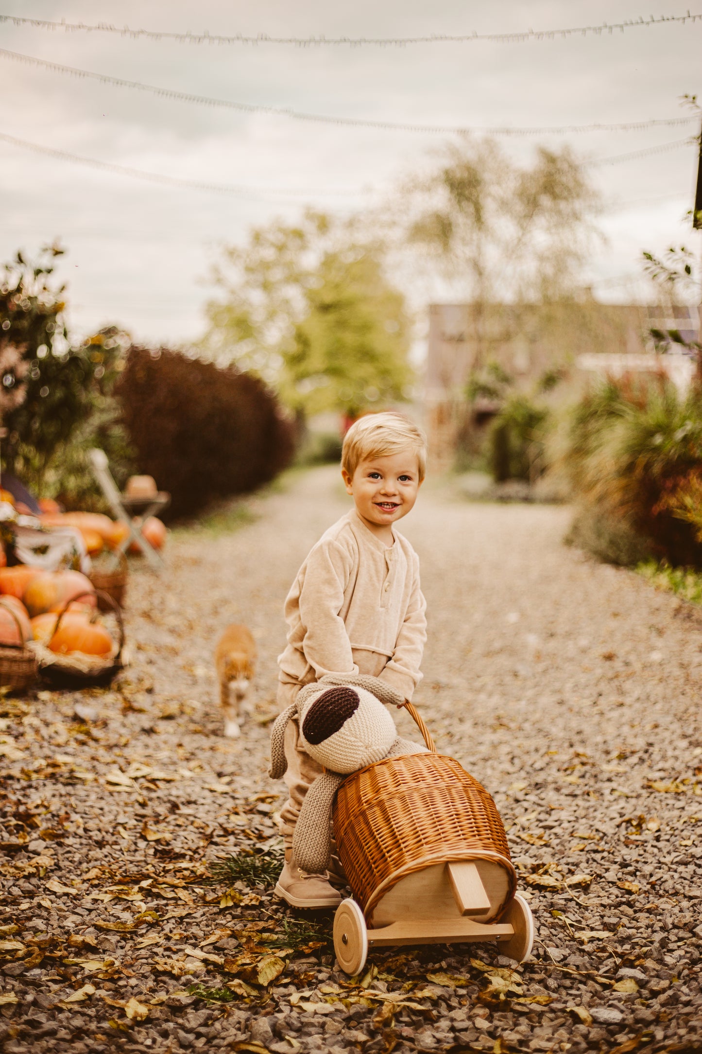 Luke wiklinowy wózek dla lalek z beżowym obszyciem, rączką i drewnianymi kołami TheWickerStories