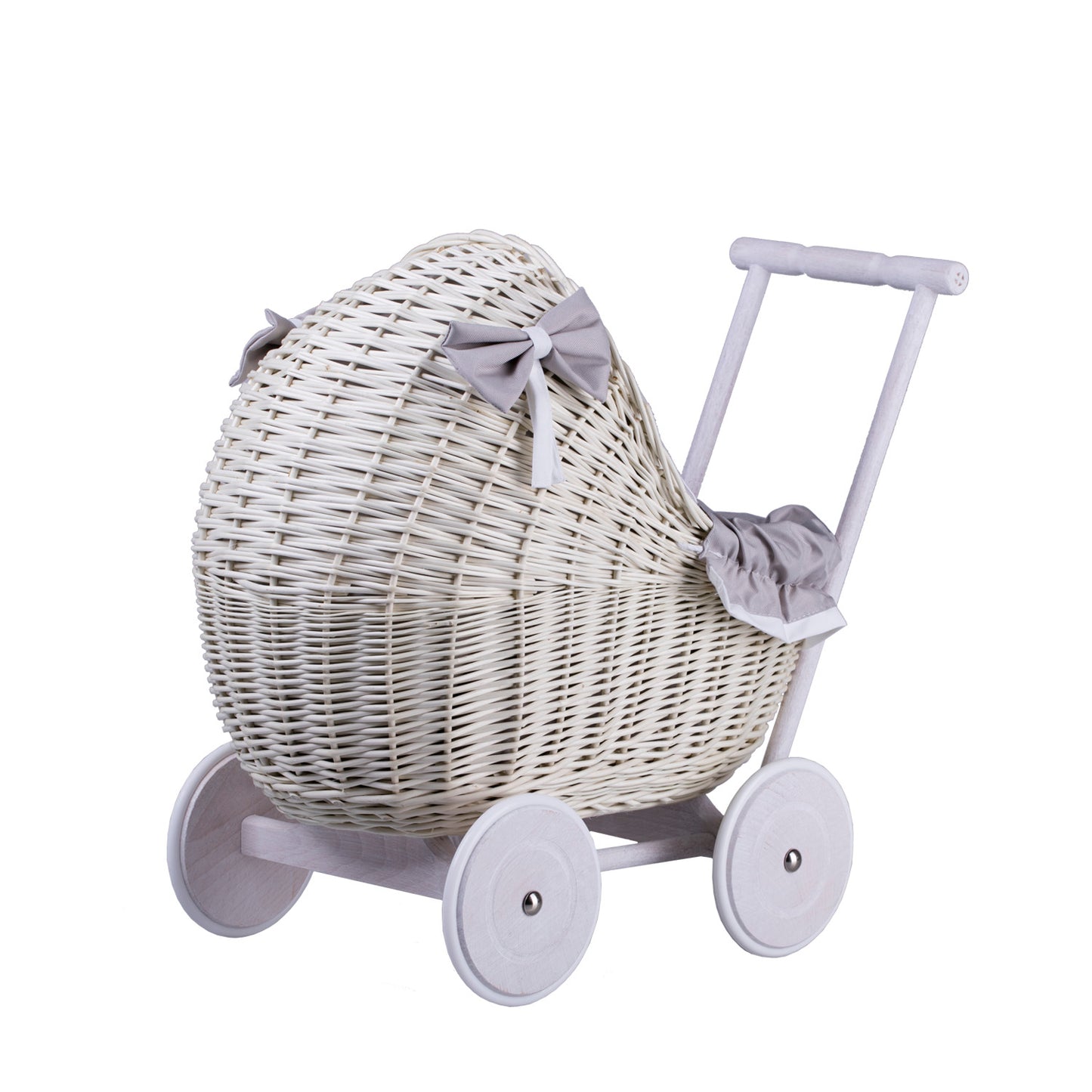 Lili wiklinowy wózek dla lalek z szarym obszyciem, kołderką i poduszką TheWickerStories