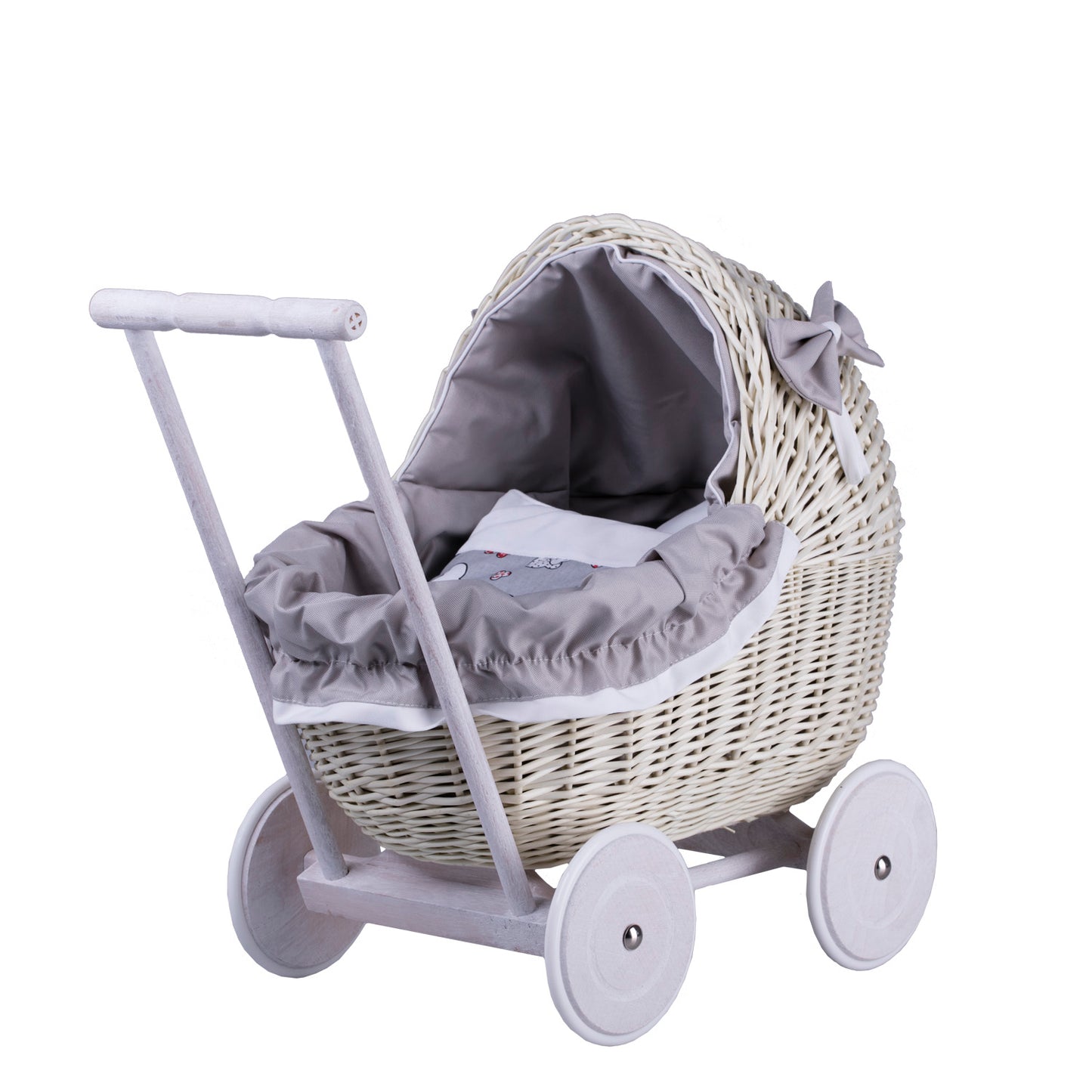 Lili wiklinowy wózek dla lalek z szarym obszyciem, kołderką i poduszką TheWickerStories