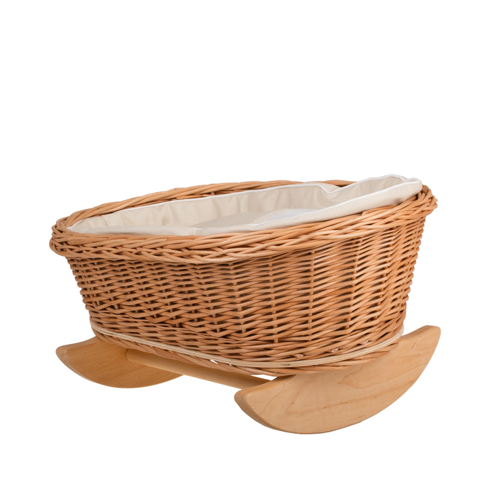 Mimi wiklinowa kołyska dla lalek z beżowym obszyciem, poduszką i kołderką TheWickerStories