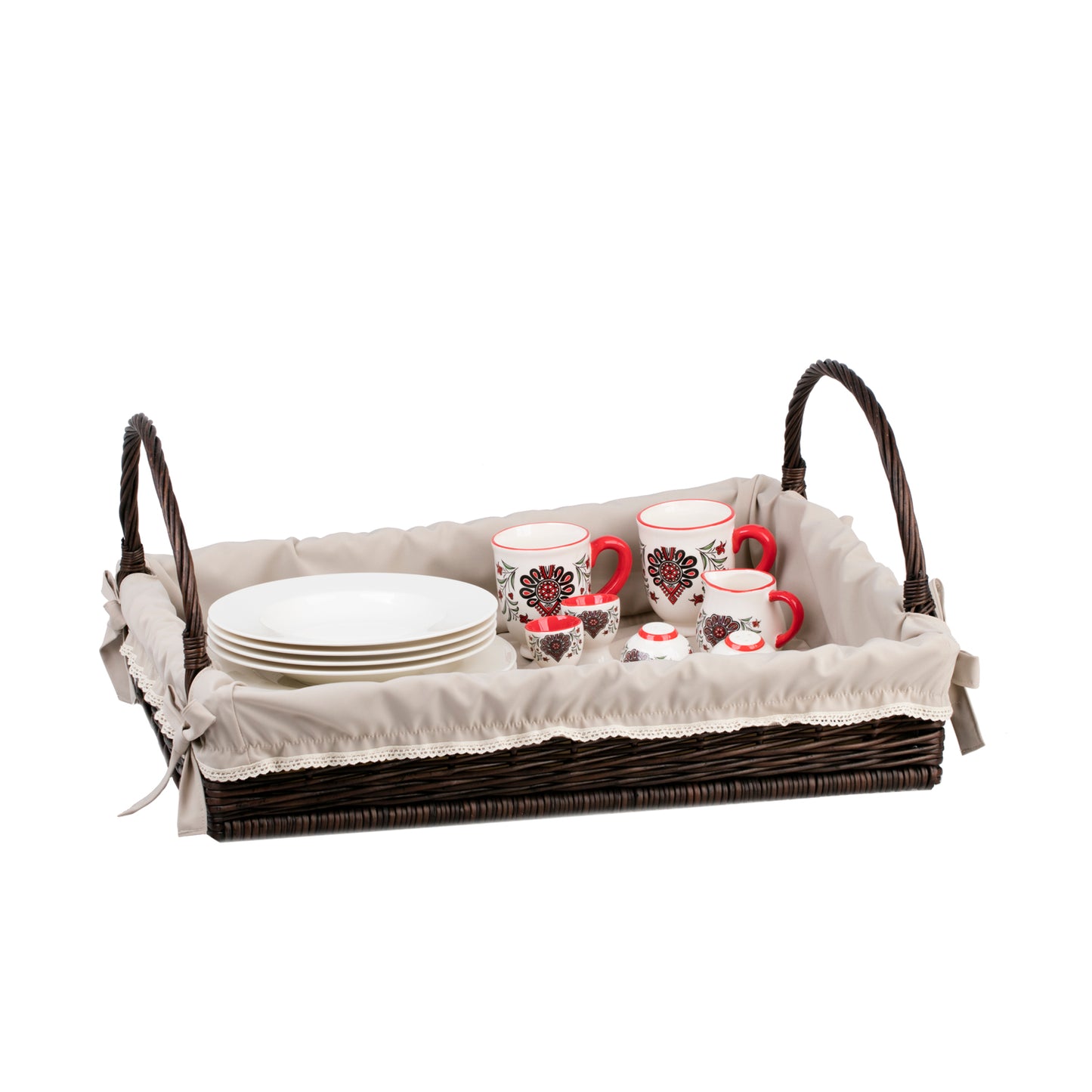 Wiklinowa prostokątna taca z uchwytami i obszyciem TheWickerStories