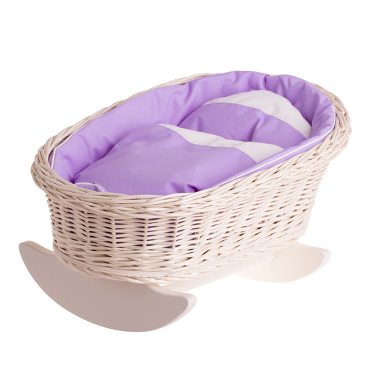 Mimi wiklinowa kołyska dla lalek z fioletowym obszyciem, poduszką i kołderką TheWickerStories