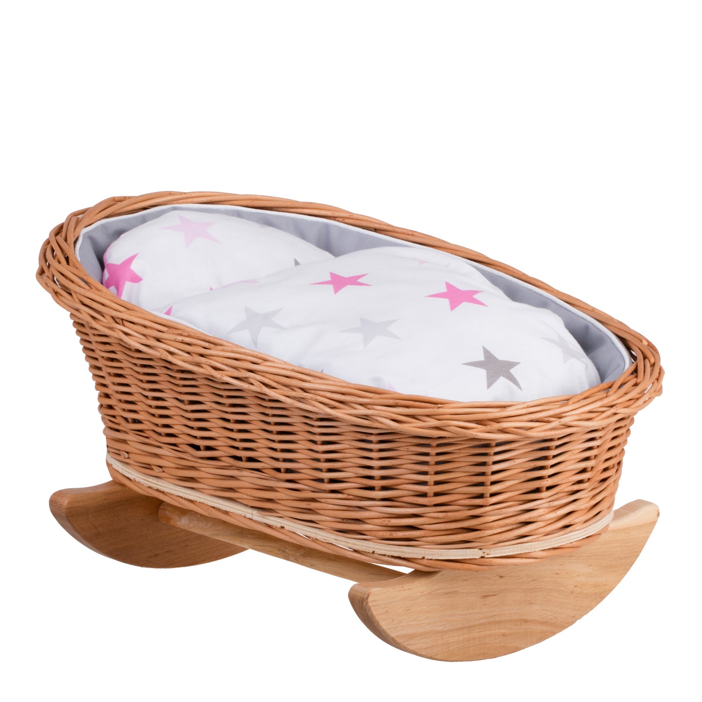 Mimi wiklinowa kołyska dla lalek z szarym obszyciem, poduszką i kołderką TheWickerStories