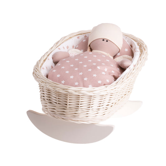 Mimi wiklinowa kołyska dla lalek z białym obszyciem, poduszką i kołderką TheWickerStories