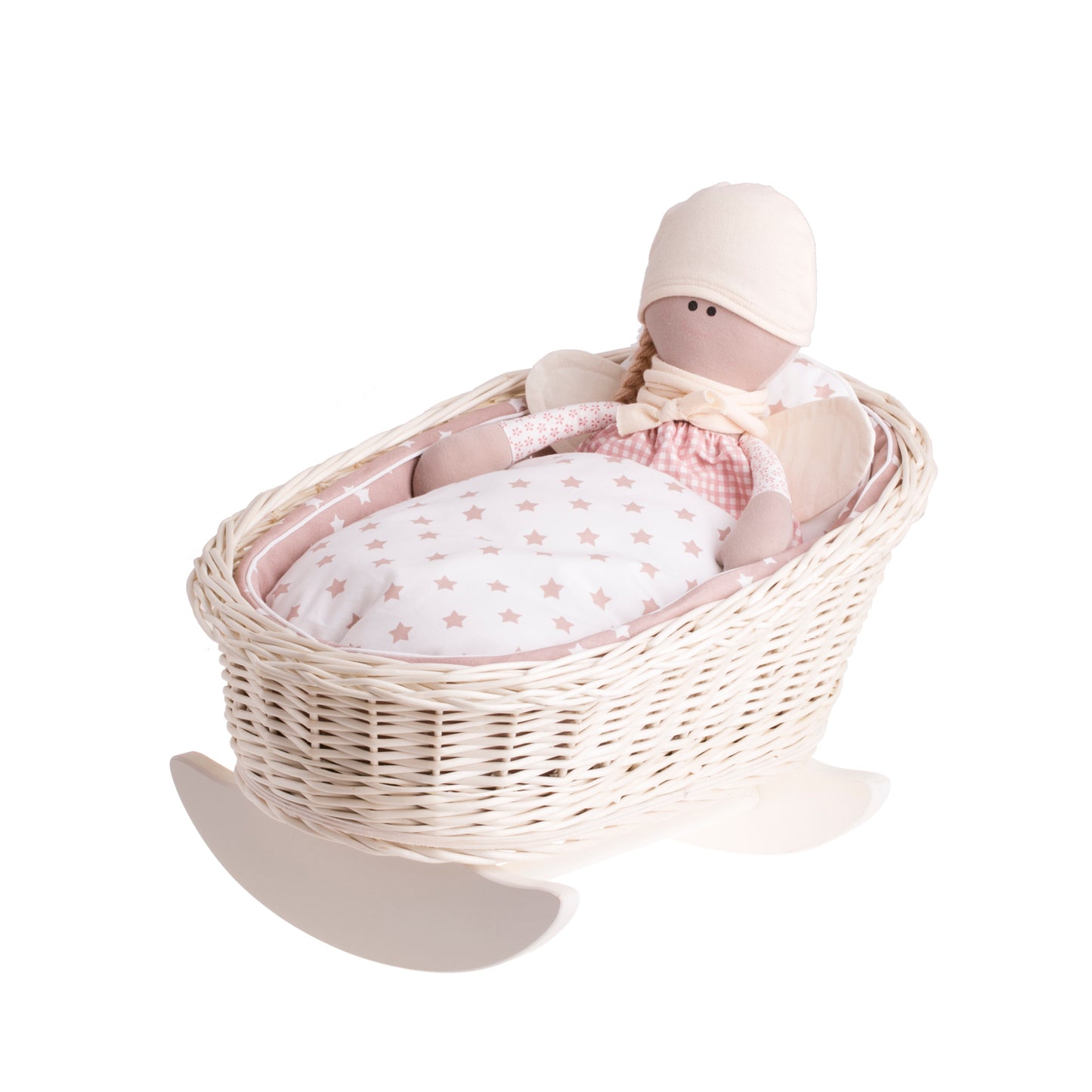 Mimi wiklinowa kołyska dla lalek z beżowym obszyciem, poduszką i kołderką TheWickerStories