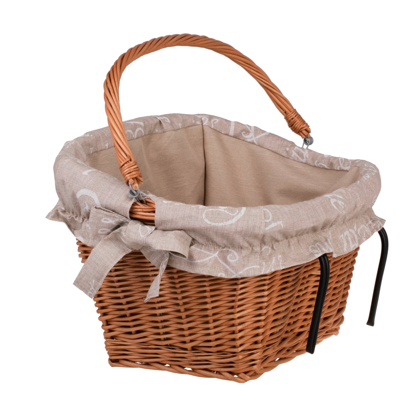 Magnus wiklinowy kosz na rower z beżowym obszyciem, z rączką i hakami TheWickerStories