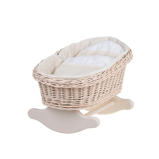 Mimi wiklinowa kołyska dla lalek z beżowym obszyciem, poduszką i kołderką TheWickerStories