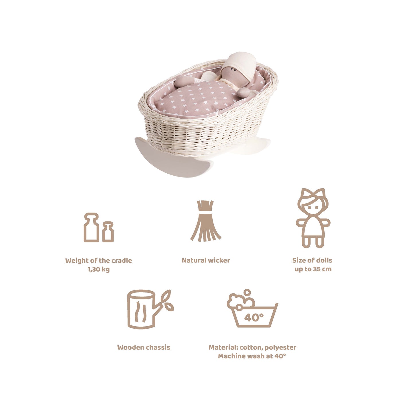 Mimi wiklinowa kołyska dla lalek z beżowym obszyciem, poduszką i kołderką TheWickerStories