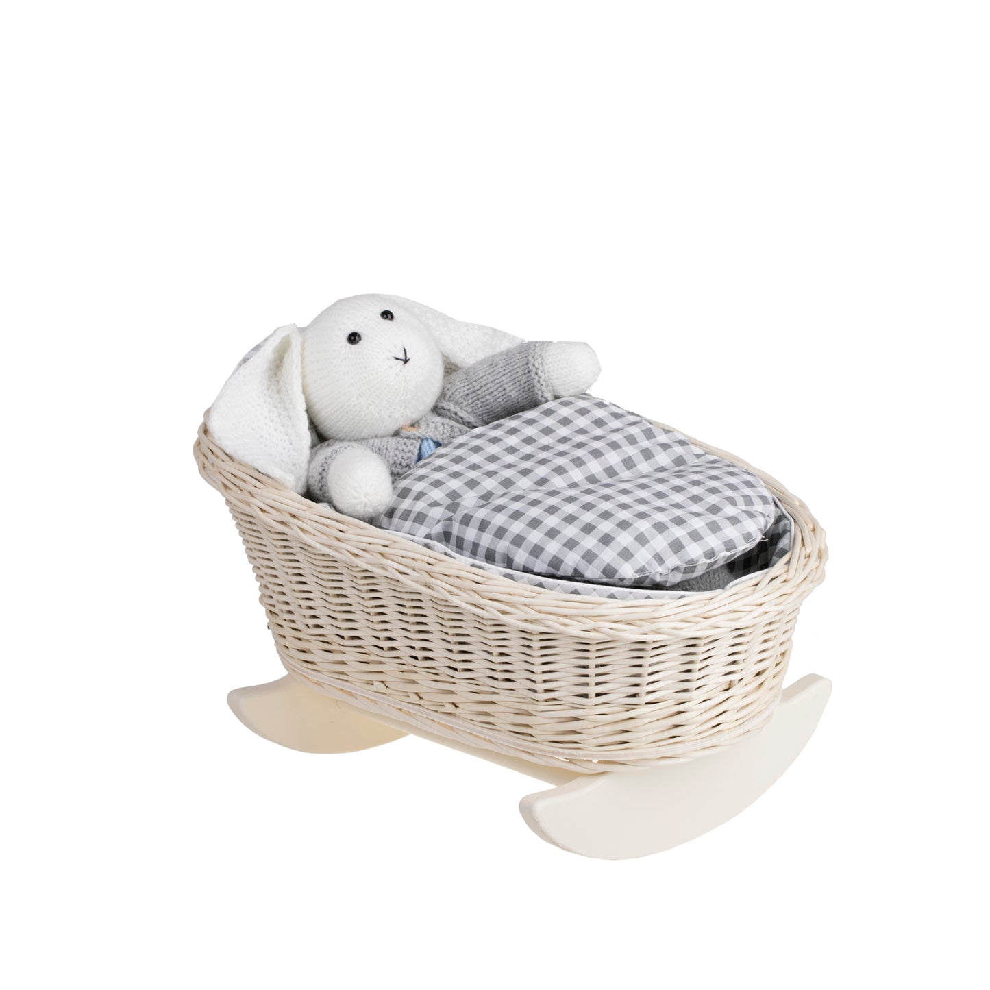 Mimi wiklinowa kołyska dla lalek z szarym obszyciem, poduszką i kołderką TheWickerStories