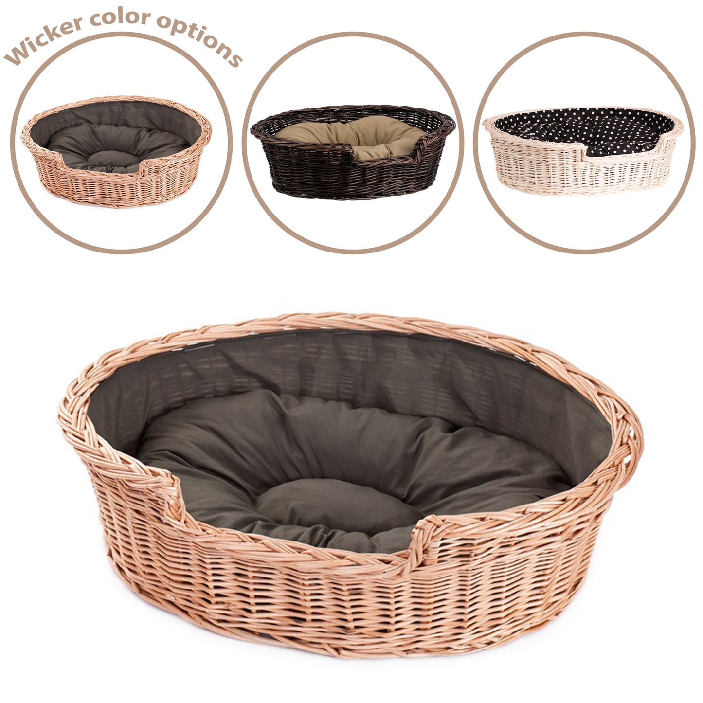 Esmira wiklinowy kosz dla psa i kota z brązową poduszką TheWickerStories