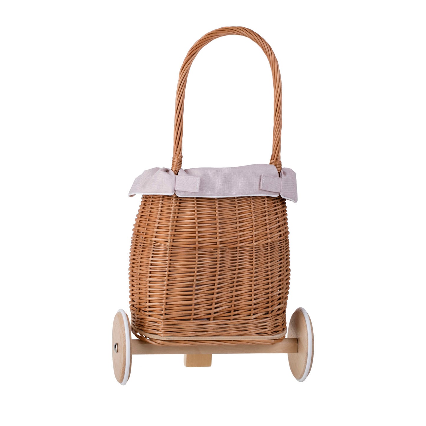 Luke wiklinowy wózek dla dzieci z różowym obszyciem, z rączką i drewnianymi kołami TheWickerStories