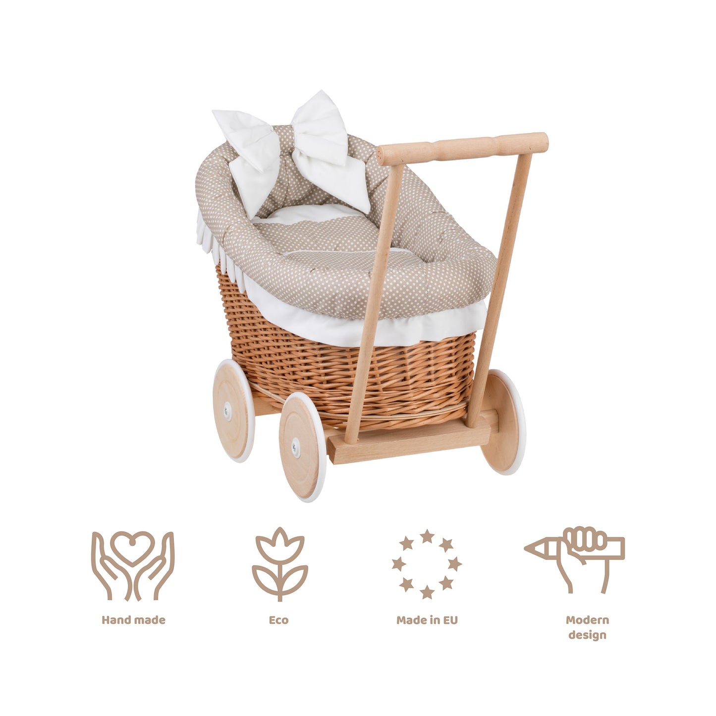 Luna wiklinowy wózek dla lalek z beżowym obszyciem, kołderką i poduszką TheWickerStories