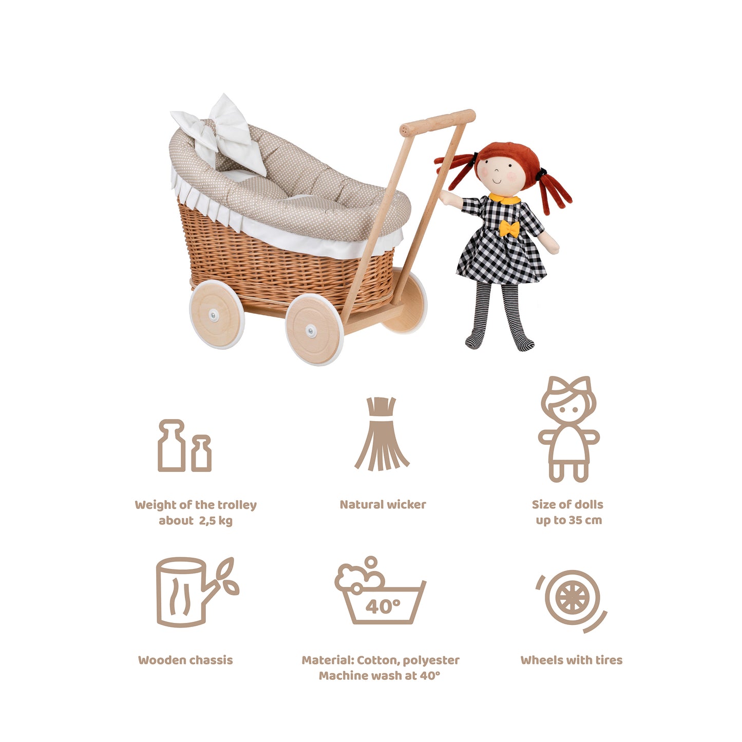 Luna wiklinowy wózek dla lalek z beżowym obszyciem, kołderką i poduszką TheWickerStories