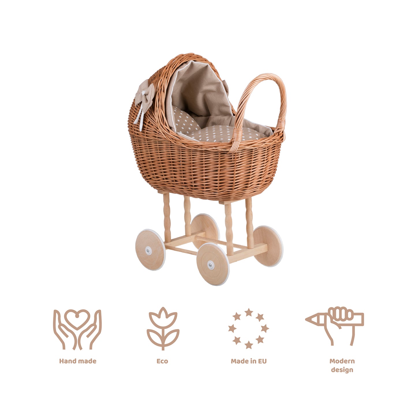 Lena wiklinowy wózek dla lalek z beżowym obszyciem, kołderką i poduszką TheWickerStories
