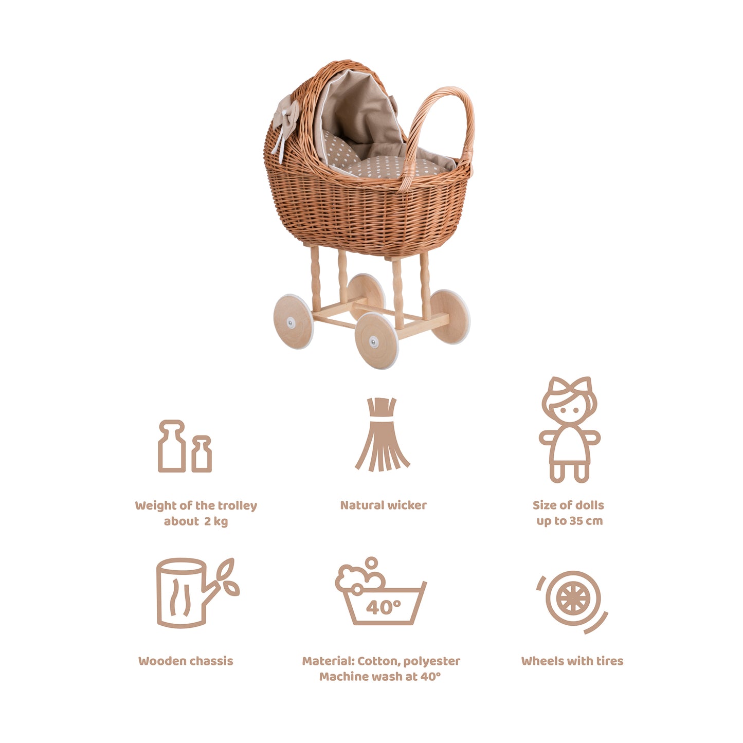 Lena wiklinowy wózek dla lalek z beżowym obszyciem, kołderką i poduszką TheWickerStories