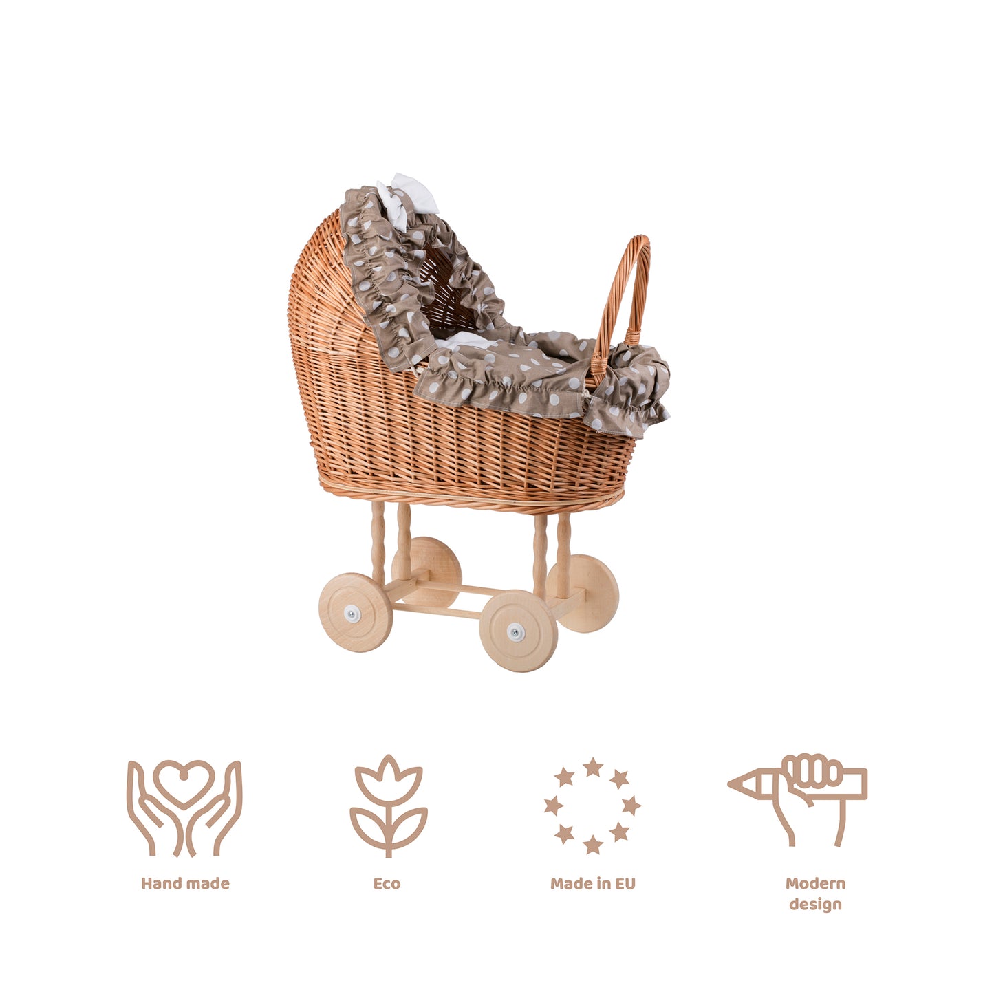 Lulu wiklinowy wózek dla lalek z beżowym obszyciem, kołderką i poduszką TheWickerStories