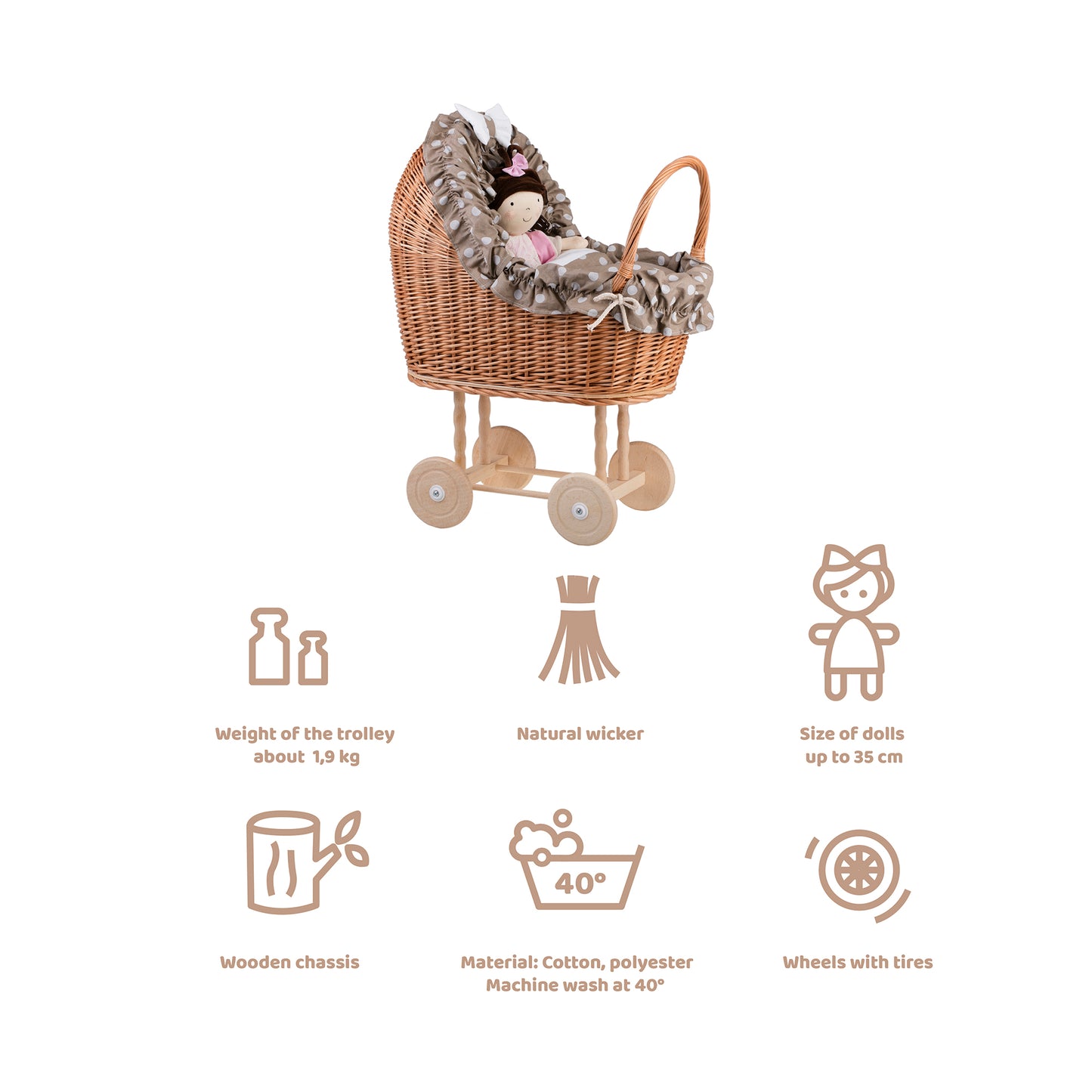 Lulu wiklinowy wózek dla lalek z beżowym obszyciem, kołderką i poduszką TheWickerStories