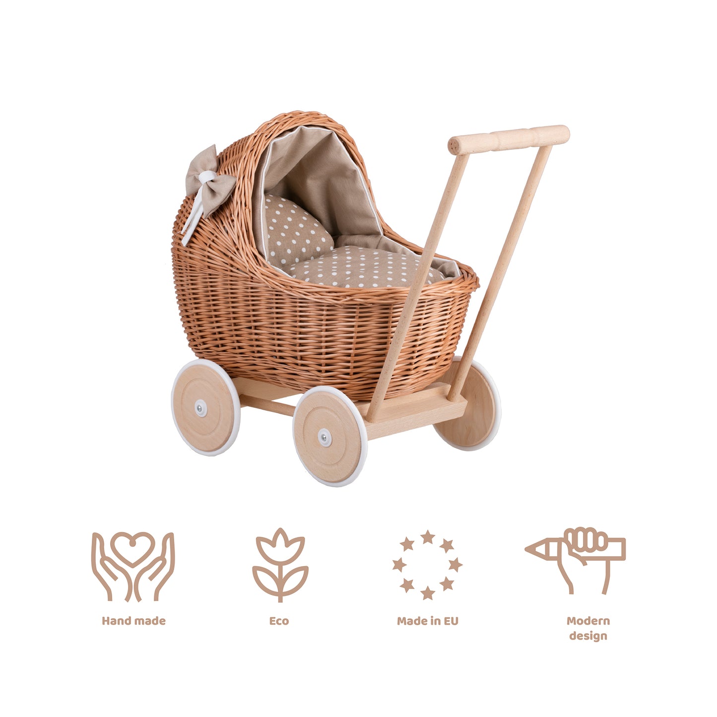 Lili wiklinowy wózek dla lalek z beżowym obszyciem, kołderką i poduszką TheWickerStories