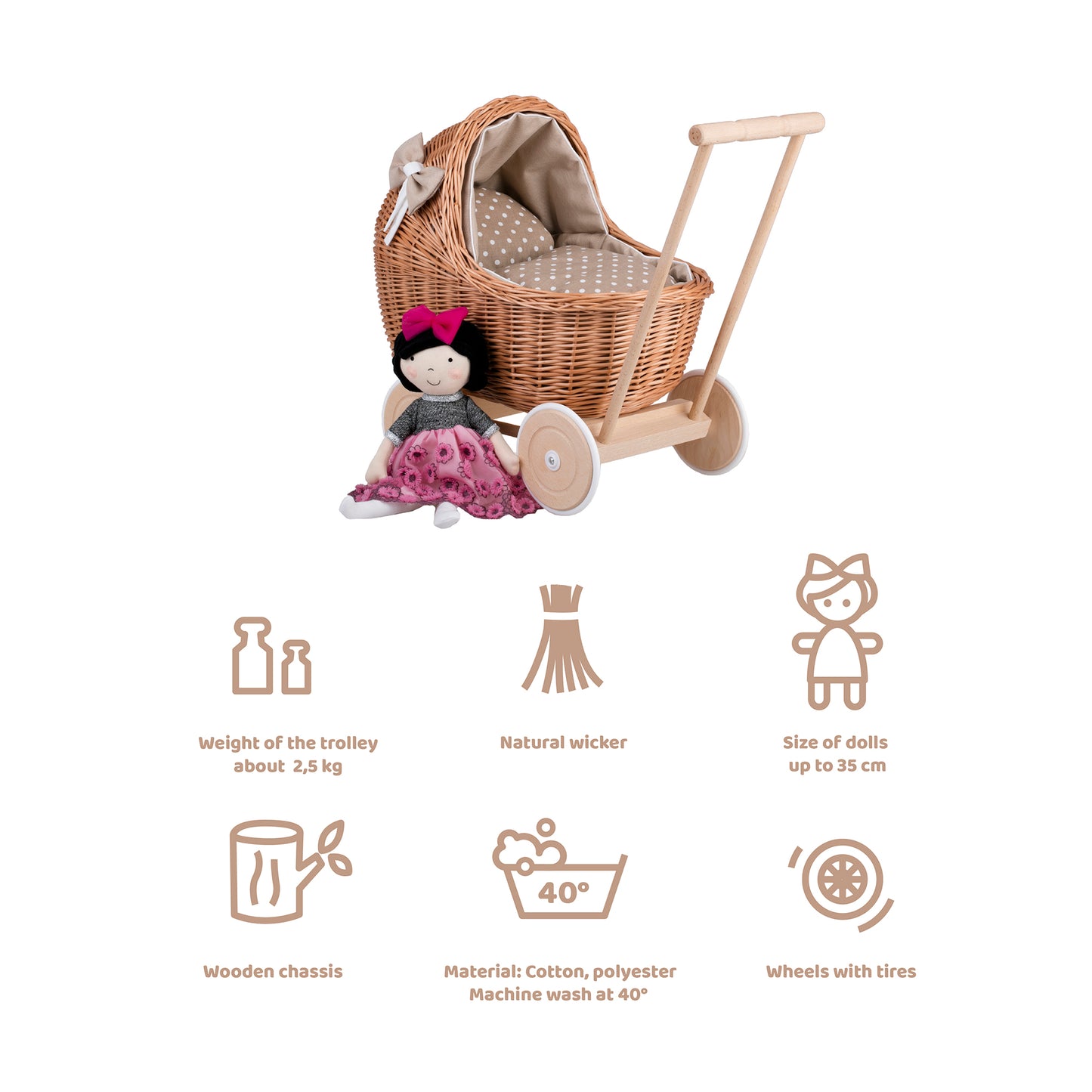 Lili wiklinowy wózek dla lalek z beżowym obszyciem, kołderką i poduszką TheWickerStories