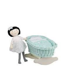 MIMI mint WICKER BED ROCKING CRADLE FOR DOLLS WITH BEDDING 46X28 H 20/25 CM