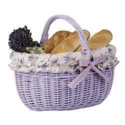 BESCHILDERDE RIETEN MAND MET STOFFEN BEKLEDING BOODSCHAPPENTAS 42X34 H23/36 CM