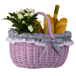BESCHILDERDE RIETEN MAND MET STOFFEN BEKLEDING BOODSCHAPPENTAS 42X34 H23/36 CM