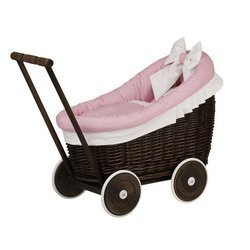 LUNA DOLL CARRIAGE WICKER STROLLER DOLL PRAM WITH pink BEDDING 50X30 H45 CM