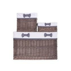 Set grijze manden afgezet met witte stof S 30x30 H15 M 30x30 H 30 L 60x40 H40