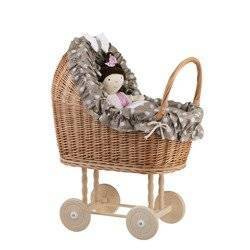 LULU DOLL CARRIAGE WICKER STROLLER DOLL PRAM WITH Beige BEDDING 55X30 H67 CM
