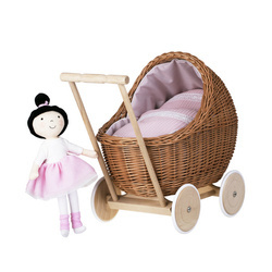 LILI DOLL CARRIAGE WICKER STROLLER DOLL PRAM WITH Powder Pink BEDDING 55X30 H45