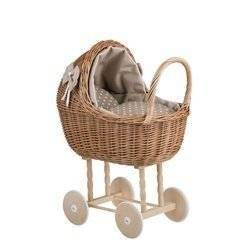 lili DOLL CARRIAGE WICKER STROLLER DOLL PRAM WITH Beige BEDDING 50X30 H62 CM