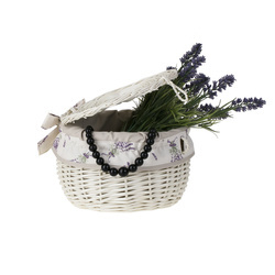 whitewashed Wicker storage basket with lid  lined decorative handmade Ø21 H15 cm