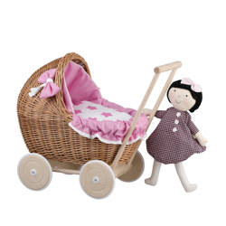 LILI DOLL CARRIAGE WICKER STROLLER DOLL PRAM WITH Pink BEDDING 55X30 H45 cm
