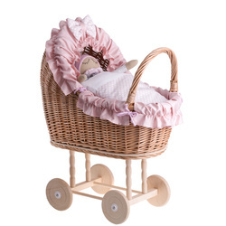 LULU RIETEN POPPENWAGEN MET BEDDENGOED 55X30 H57 CM