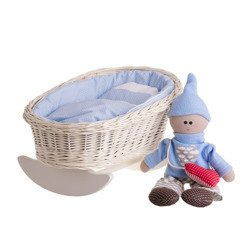 Mimi WHITE WASH WICKER BABY DOLL ROCKING CRADLE WITH BEDDING 46X28 H 20/25 CM