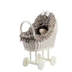 LULU DOLL CARRIAGE  WICKER STROLLER DOLL PRAM WITH Beige BEDDING 55X30 H57 CM
