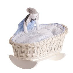 Mimi WHITE WASH WICKER BABY DOLL ROCKING CRADLE WITH BEDDING 46X28 H 20/25  CM