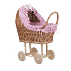 LULU DOLL CARRIAGE WICKER STROLLER DOLL PRAM WITH Pink BEDDING 55X30 H57 CM